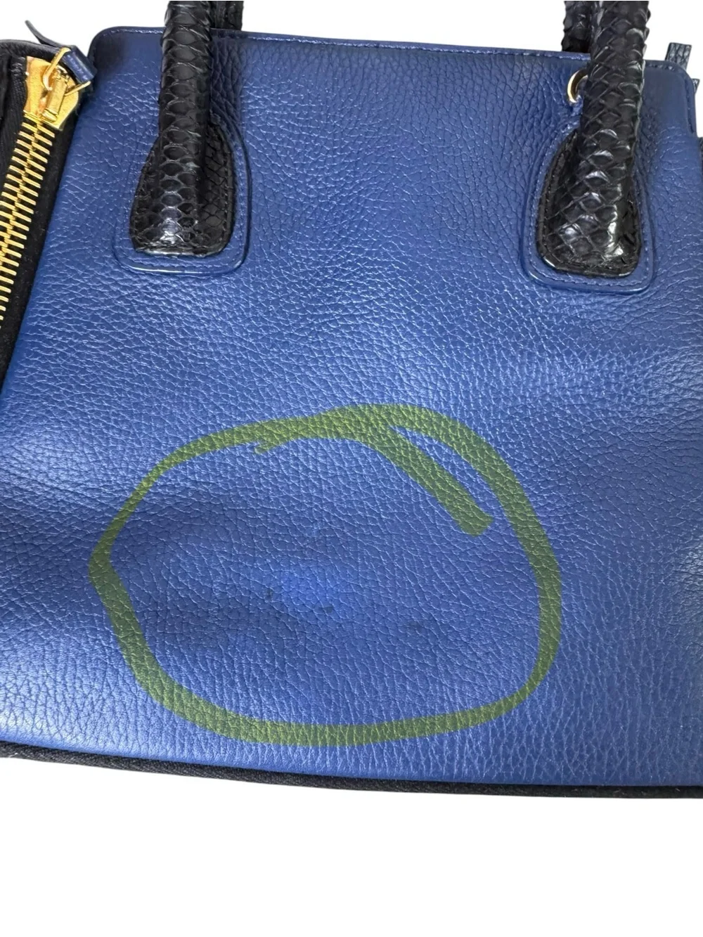 Paige Gamble Blakeley Blue Leather Black Python Exotic Zipper Satchel Tote Bag